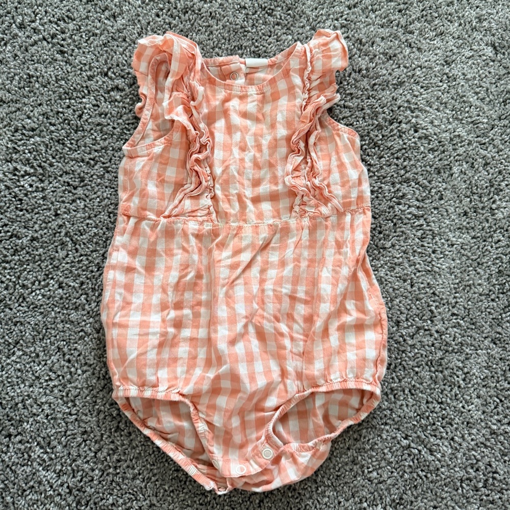 H&M Peach and White Gingham Ruffle Baby Romper